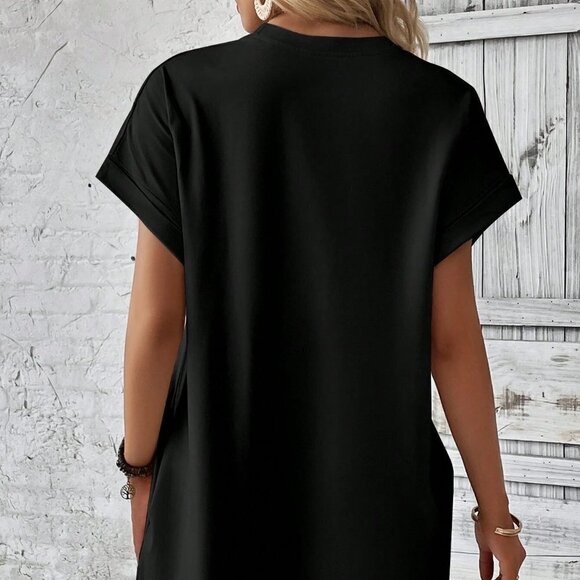 Black Boho Womens Solid Batwing Sleeve Hidden Pocket Tee Dress - Picture 2 of 5